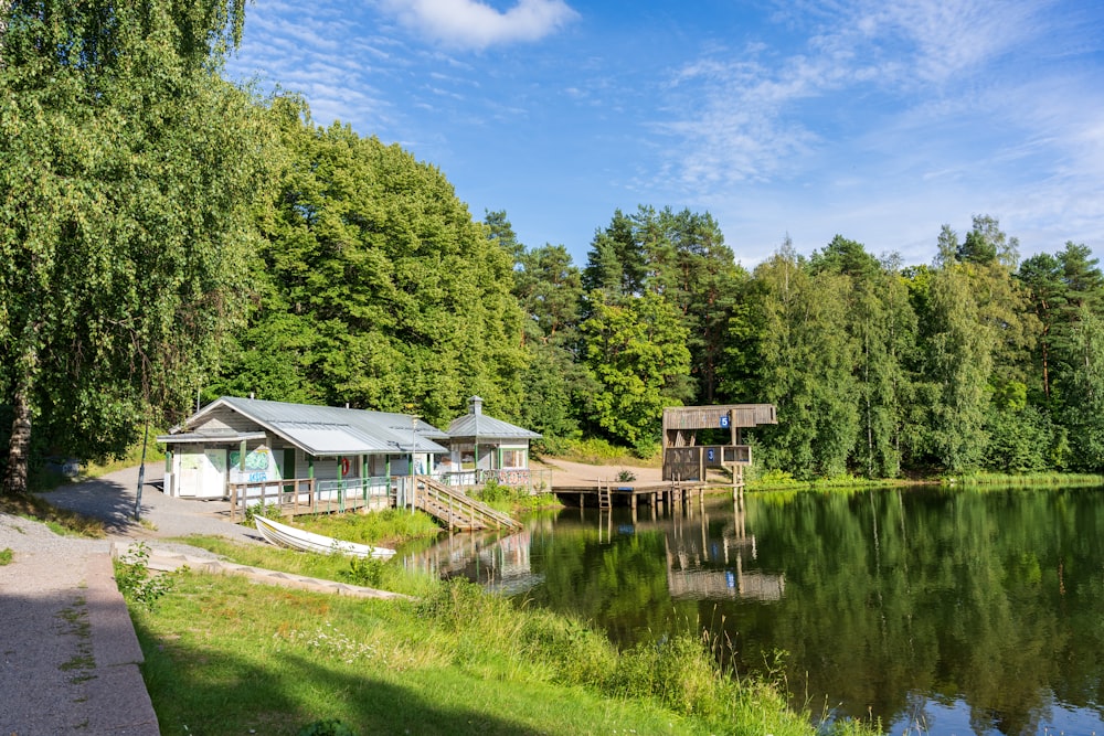 a lake surrounded by trees and a dock