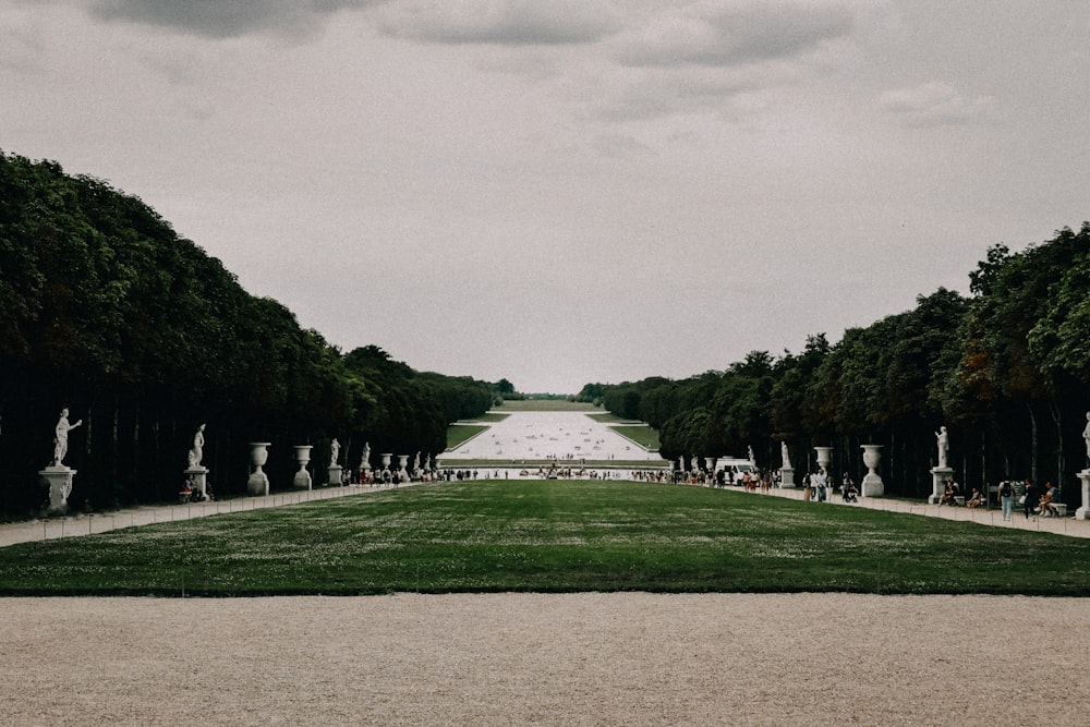 a view of a long walkway in a park