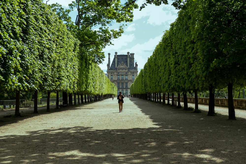 a woman walking down a dirt road next to tall trees