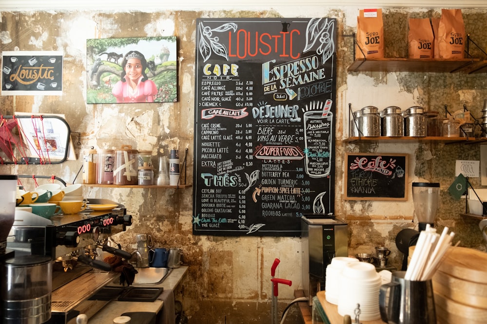 a restaurant with a menu on the wall