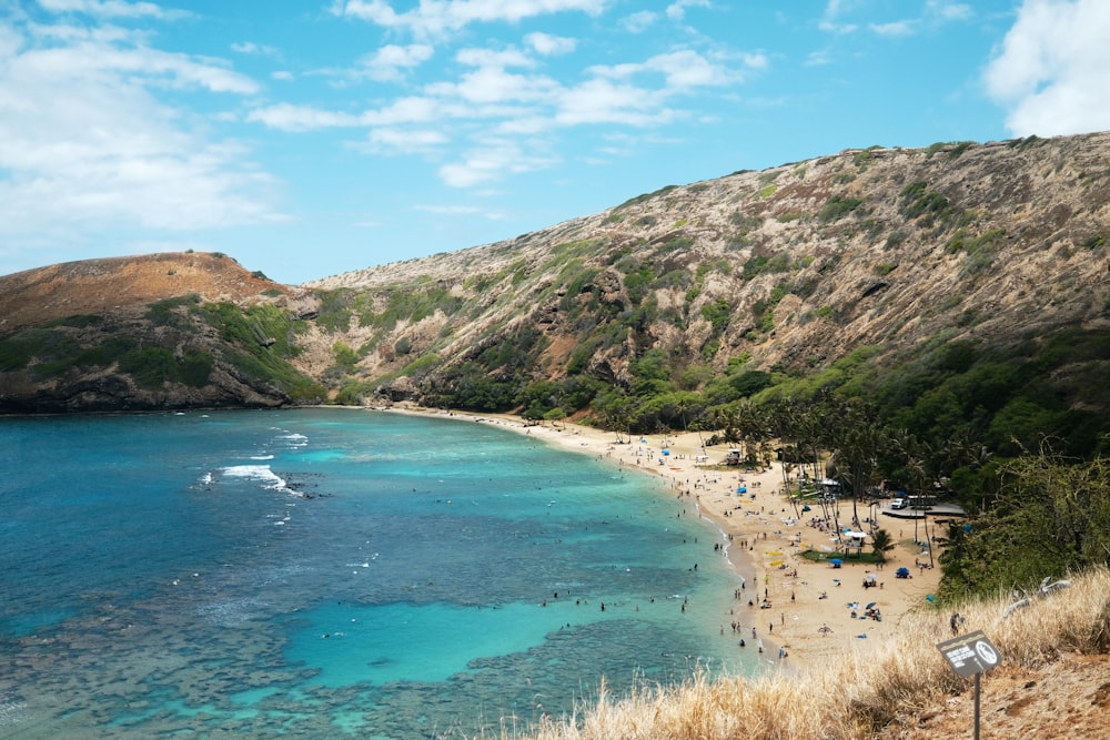 a beach with a boat in the water and a mountain in the background