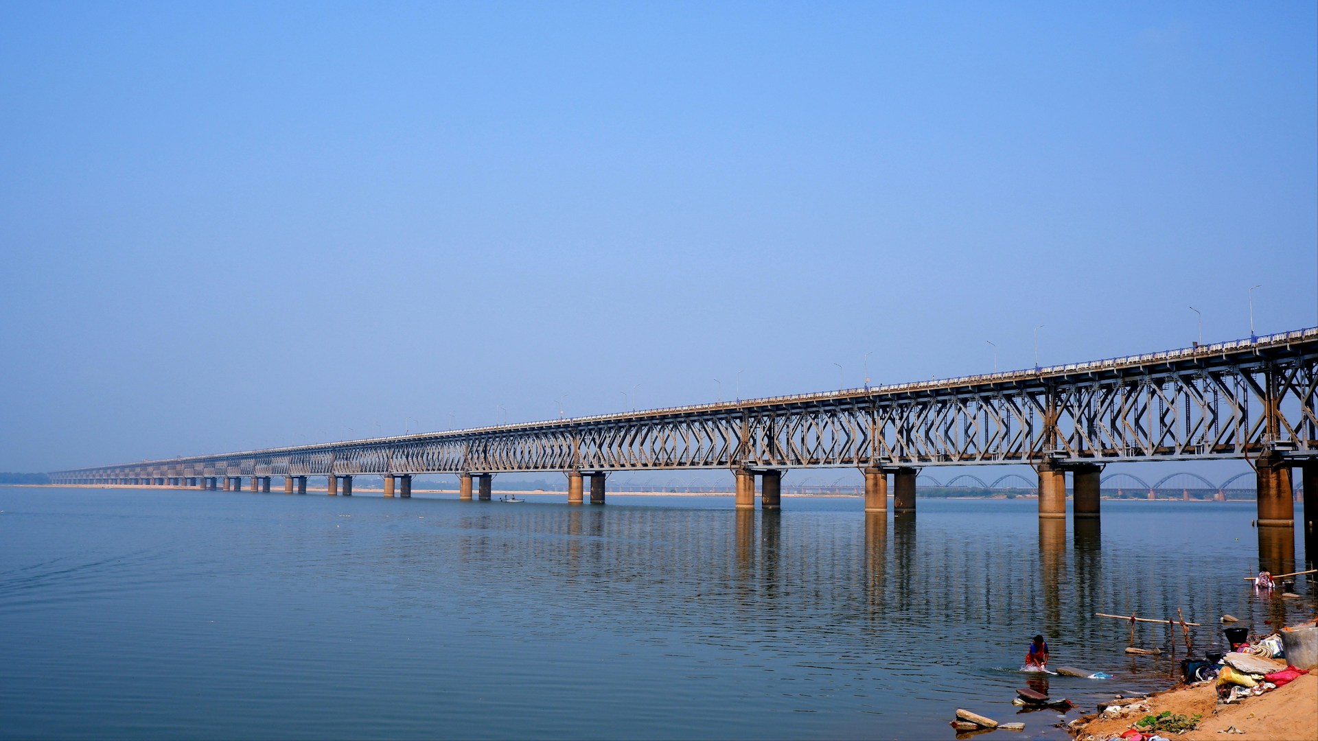 a long bridge over a body of water