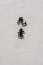 Two black Chinese characters are mounted on a textured, off-white wall. Shadows are cast from the characters onto the wall, indicating sunlight.