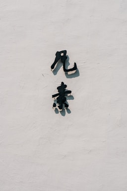 Two black Chinese characters are mounted on a textured, off-white wall. Shadows are cast from the characters onto the wall, indicating sunlight.