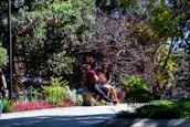 A happy couple enjoying a sunny day at a picturesque park.