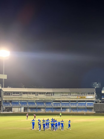A group of athletes in blue uniforms stands on a sports field under bright stadium lights. The stadium seating is visible in the background, and a few players in different colored uniforms stand separately. The night sky is dark, contrasting with the illuminated field.