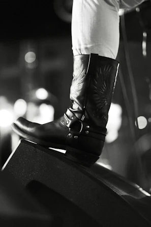 Close-up of sleek midnight authority boots resting on a textured dark leather surface under moody lighting.