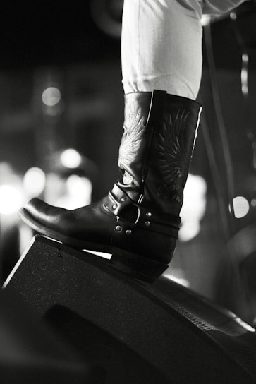 Close-up of a pair of tall leather boots with intricate stitching, set against a neutral background.