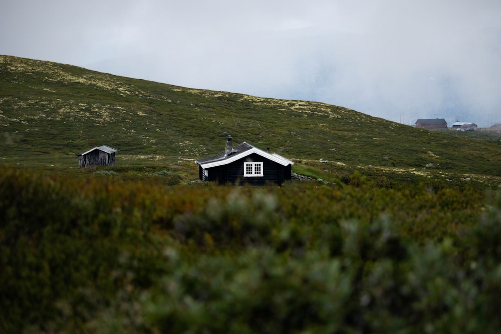 uma pequena casa sentada no topo de uma colina verde exuberante