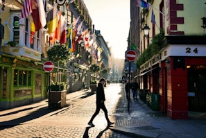 A vibrant street scene featuring a row of colorful buildings adorned with numerous international flags. The cobblestone street is bathed in warm sunlight, creating long shadows. People casually walk along the street, with one individual prominently crossing in the foreground. The scene captures the lively and multicultural atmosphere of the area.