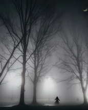 A misty night scene with shadowy figures and glowing stars above a ghostly town.