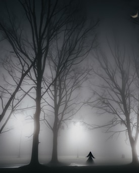 A misty Victorian street in Thomasville at twilight, with faint ghostly figures near historic homes.