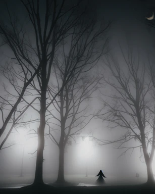 A misty night scene with shadowy figures and glowing stars above a ghostly town.