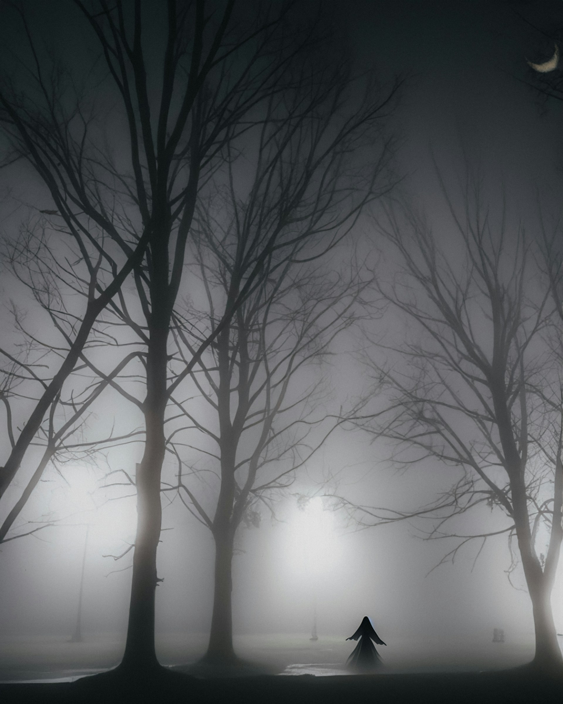 A shadowy figure standing near the haunted Cotton Row, bathed in eerie moonlight with mist curling around old brick buildings.