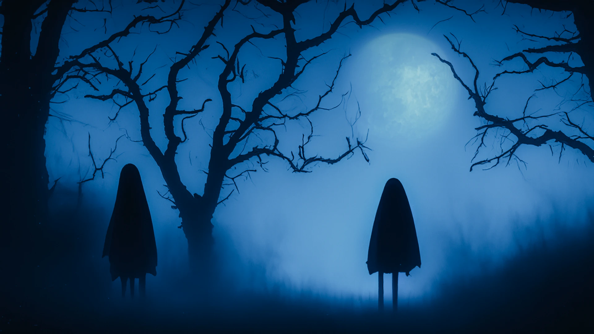 a couple of trees standing in the middle of a foggy forest