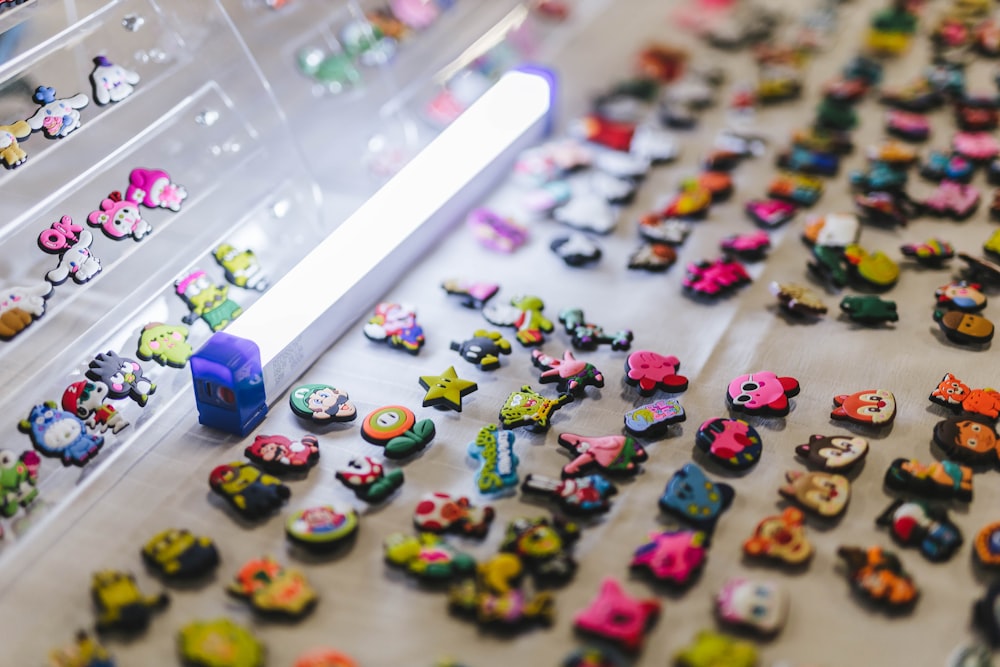 a display case filled with lots of small toys