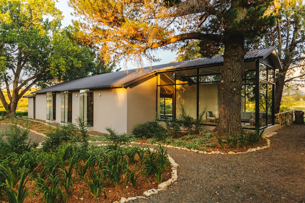 a small white house surrounded by trees and plants