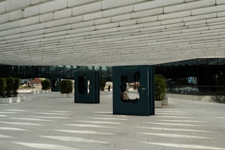 A modern architectural space characterized by a white tiled floor and ceiling, with two dark-colored structures in the center featuring irregular cutouts. Potted plants are arranged symmetrically in large white planters along the walkway.