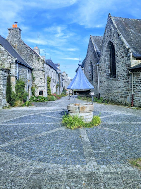 A cozy medieval village scene from the Minecraft server with players interacting near a stone well.