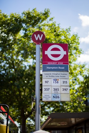 A bus stop sign features multiple bus route numbers and directions. The sign is located on Hampton Road, indicating routes towards Chingford Station and Yardley Lane Estate. It includes numbers for regular daytime and night services. The background shows green trees and a clear blue sky, suggesting a sunny day.