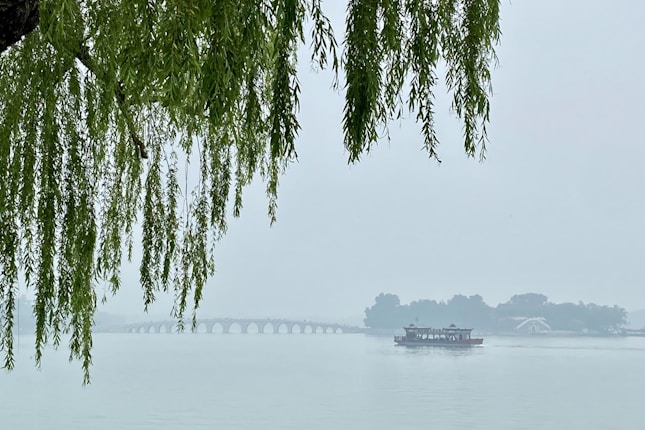 A serene and misty landscape features a willow tree's drooping branches in the foreground with a tranquil lake in the background. A boat glides across the water toward a distant arched bridge, enveloped in a hazy atmosphere. The scene exudes a peaceful and calm ambiance.