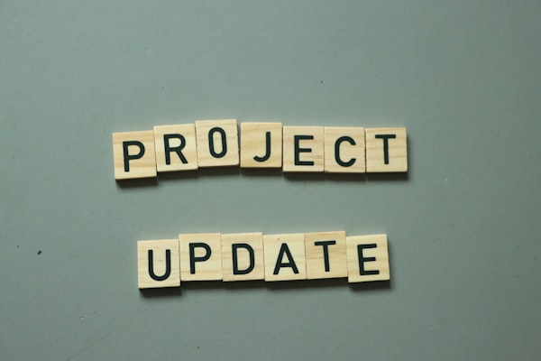 Piezas de madera con la frase "Project update"