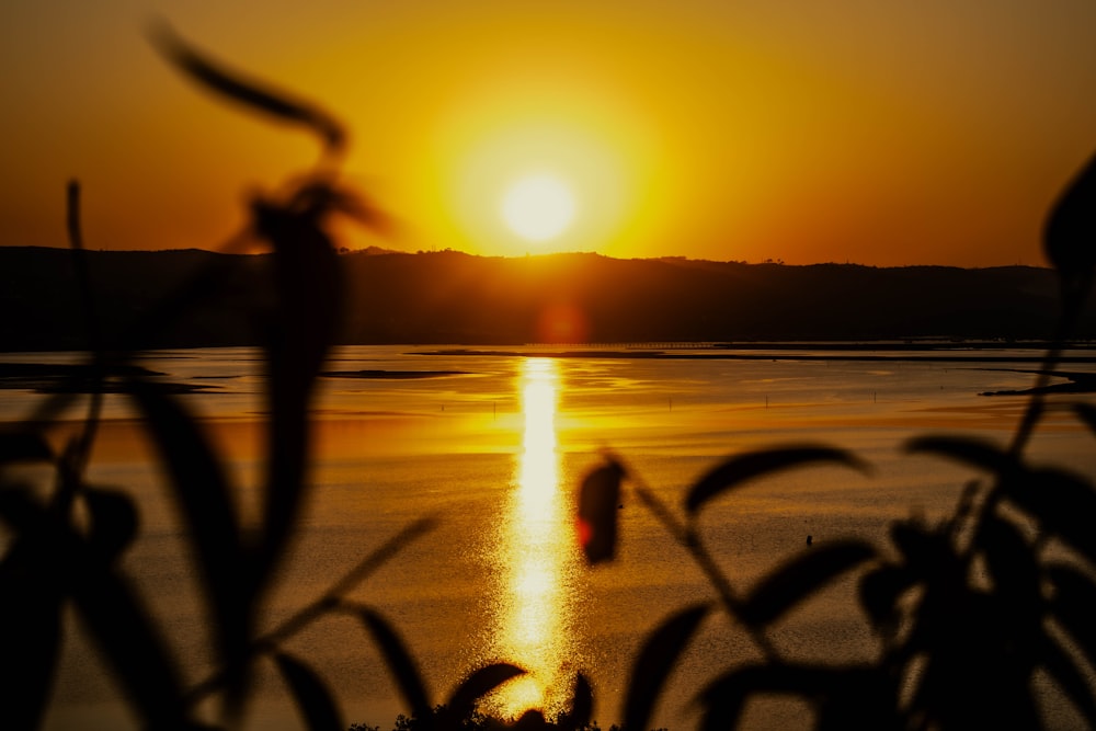 the sun is setting over a body of water