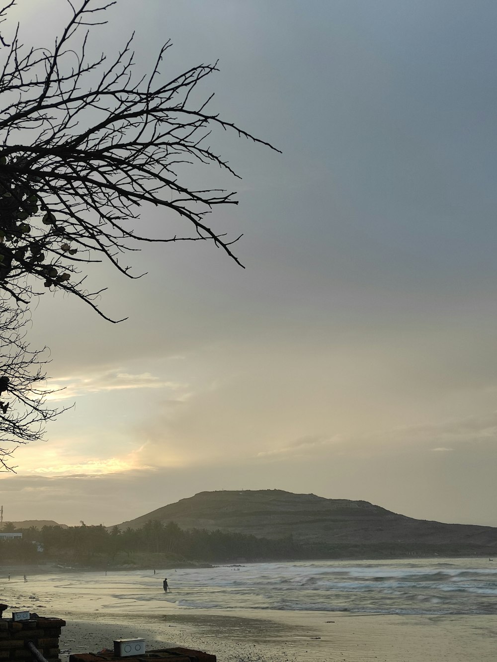 a view of a beach with a mountain in the distance