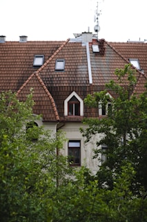 A section of a residential building with a steep, red-tiled roof featuring multiple skylights and a chimney. An antenna or satellite dish is visible on the roof. Dense green foliage partially obscures the lower part of the building, suggesting a suburban or garden setting.