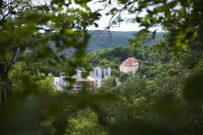 Wide shot of the Recanto de Tucuns pousada nestled in vibrant tropical nature.