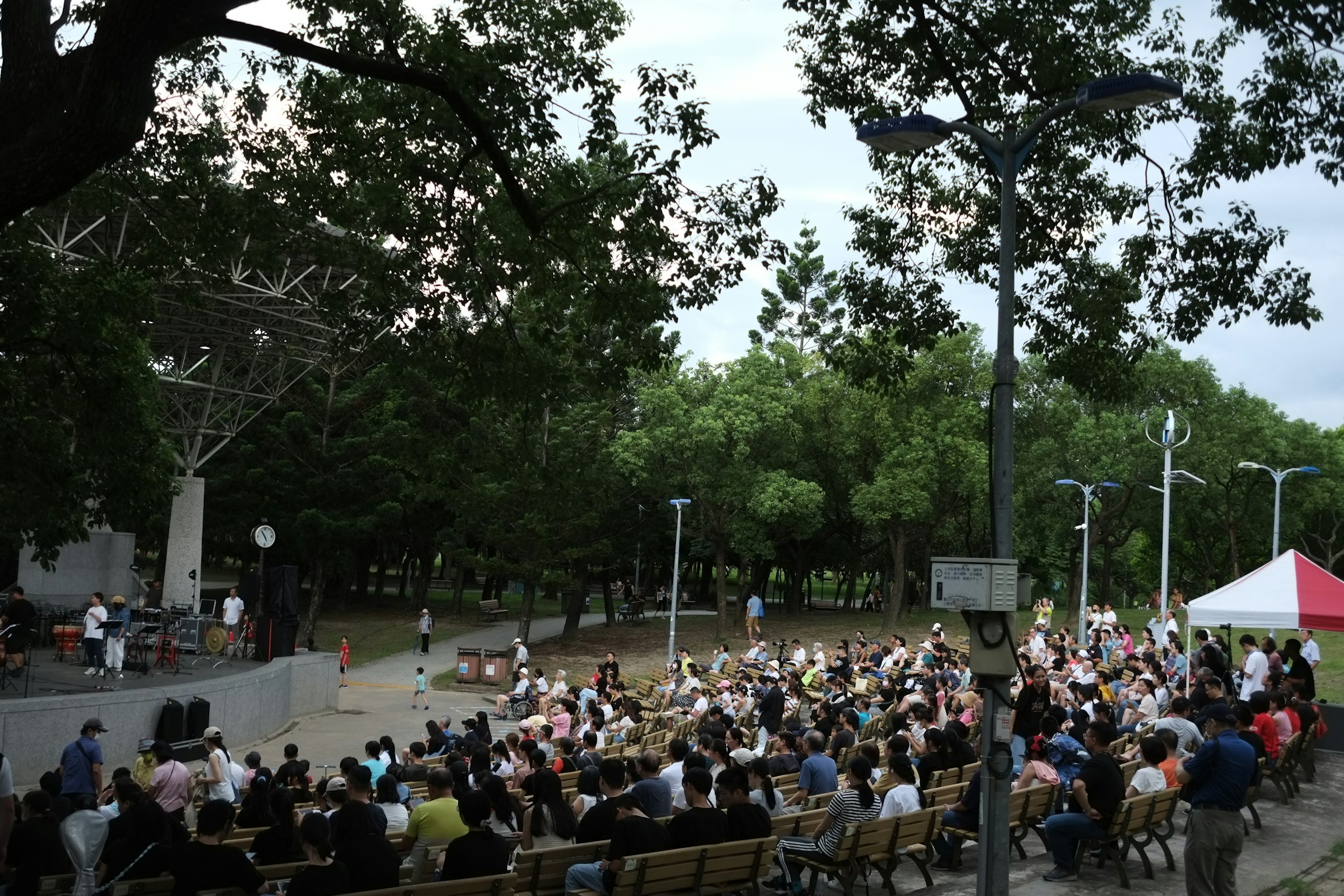 Rainbow Stage outdoor theatre in Winnipeg's Kildonan Park with dramatic stage lighting