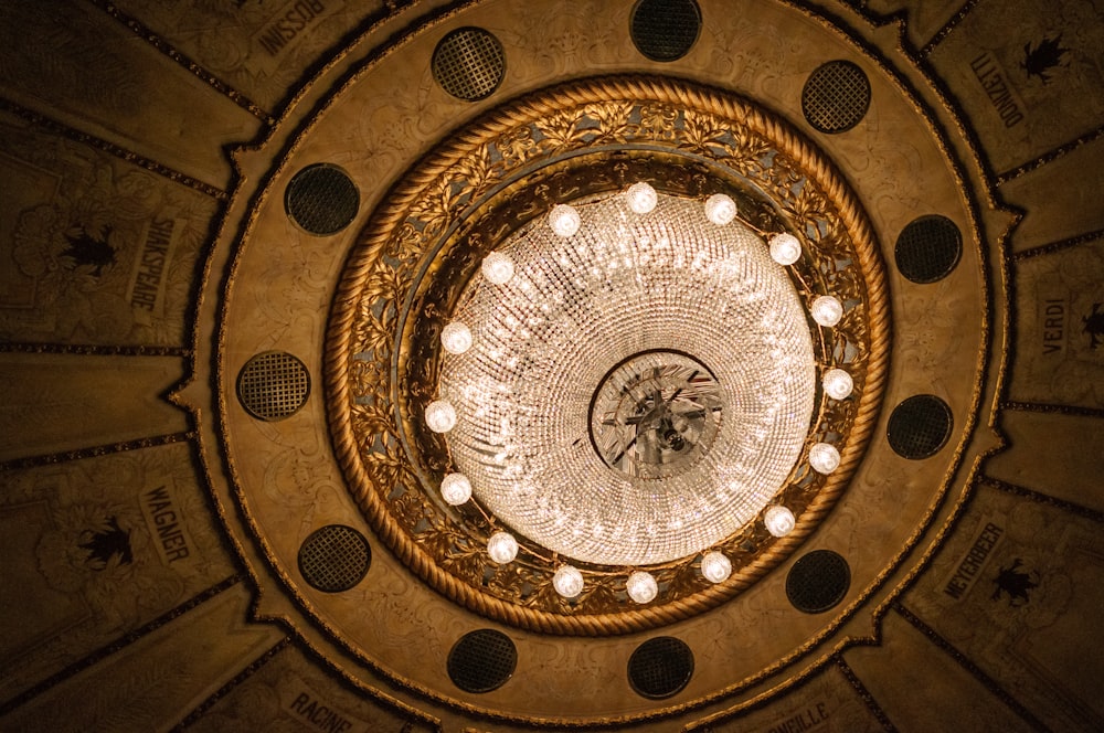 a chandelier hanging from the ceiling of a building