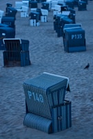 Several beach chairs with numbers painted on them are arranged in rows on the sandy beach. The chairs predominantly feature blue and white striped designs. A small bird is seen on the sand in the foreground.