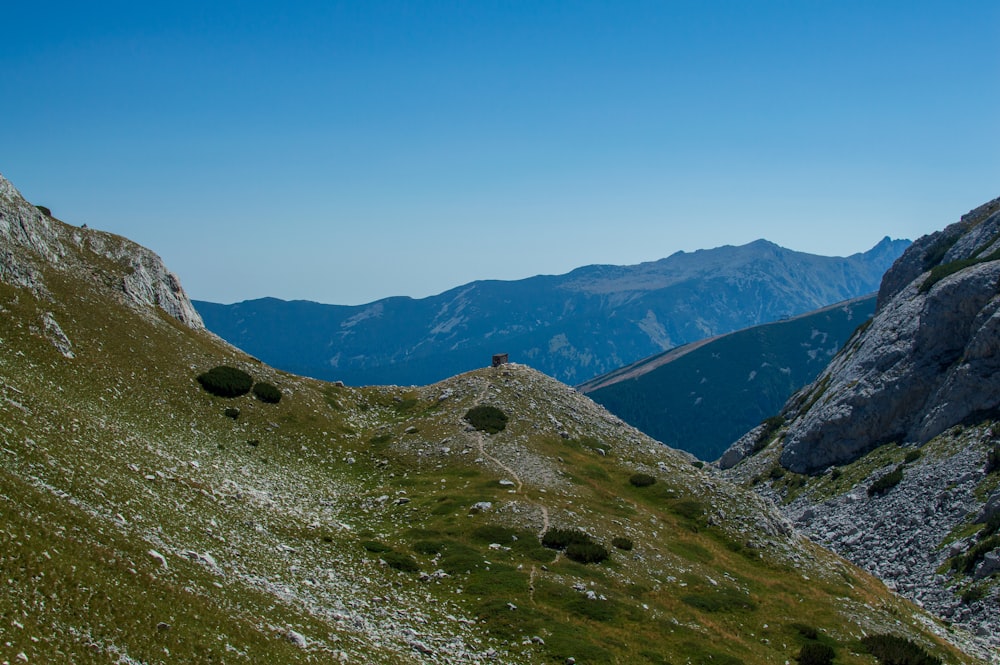 a view of a grassy hill with mountains in the background