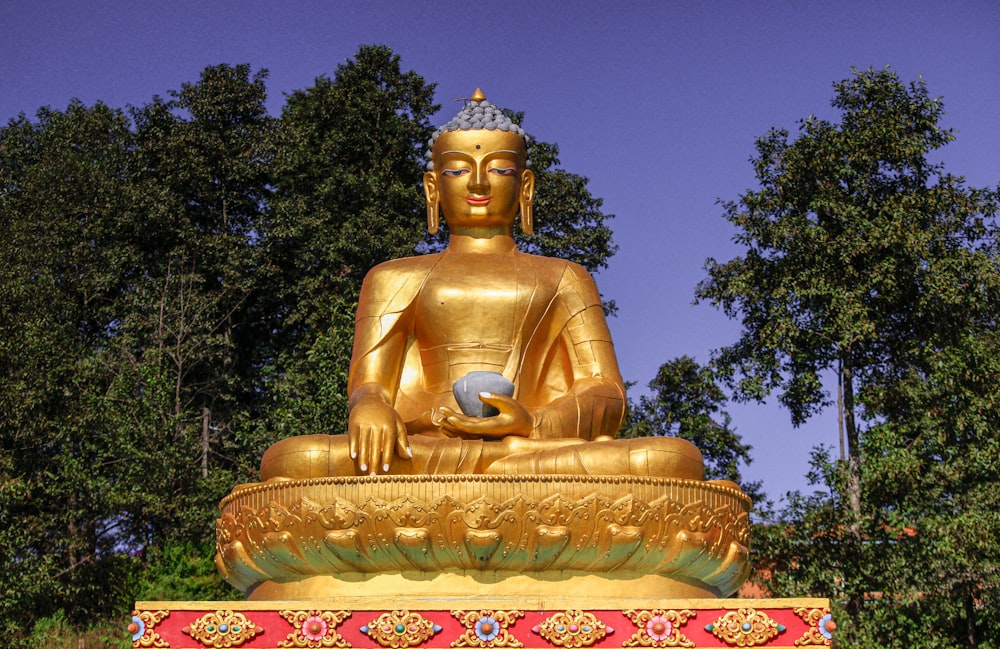 a golden buddha statue sitting on top of a lush green field