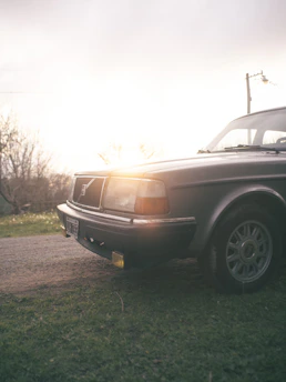 A gleaming vintage car parked under soft sunlight at a local car meet.