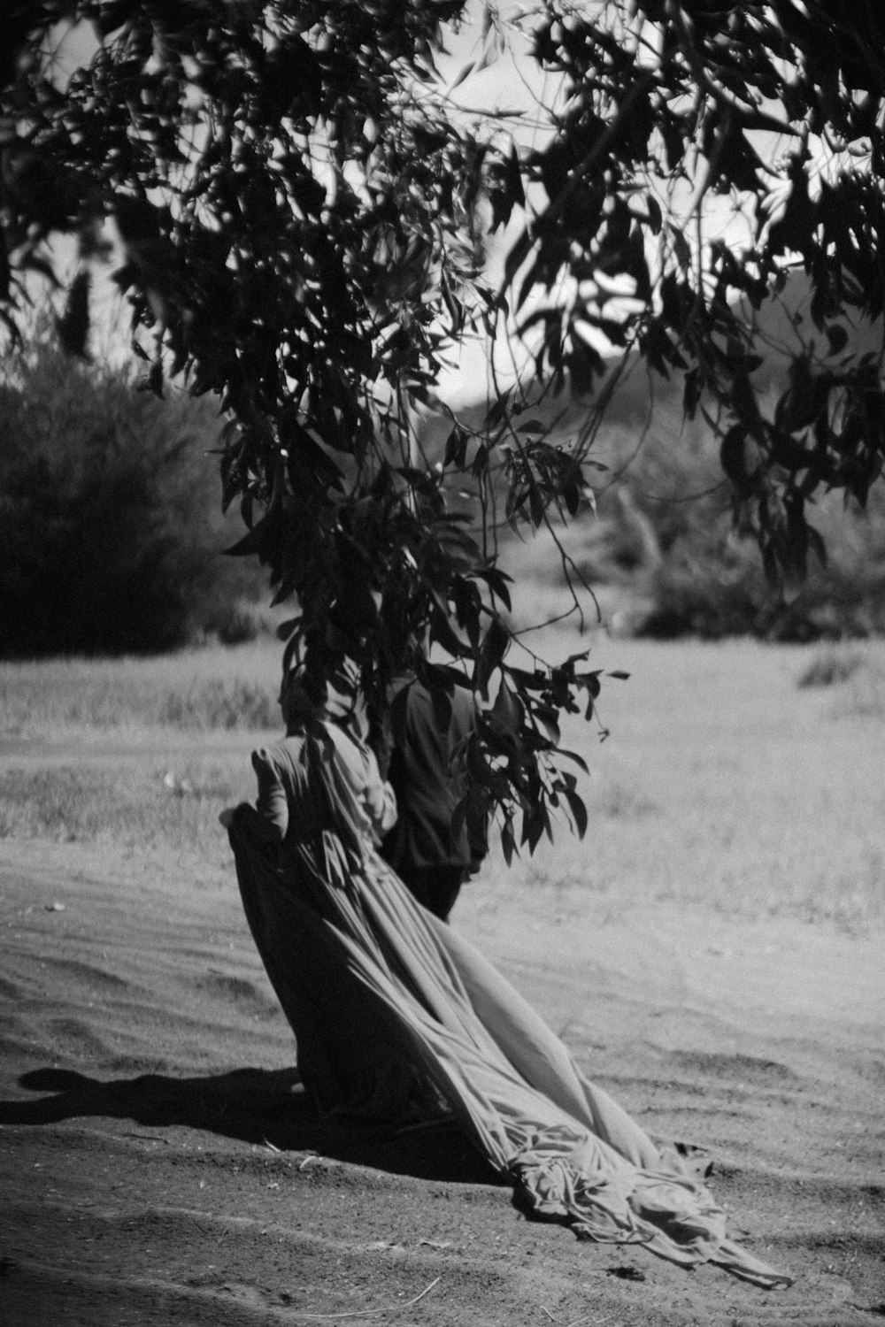 a black and white photo of a woman sitting under a tree