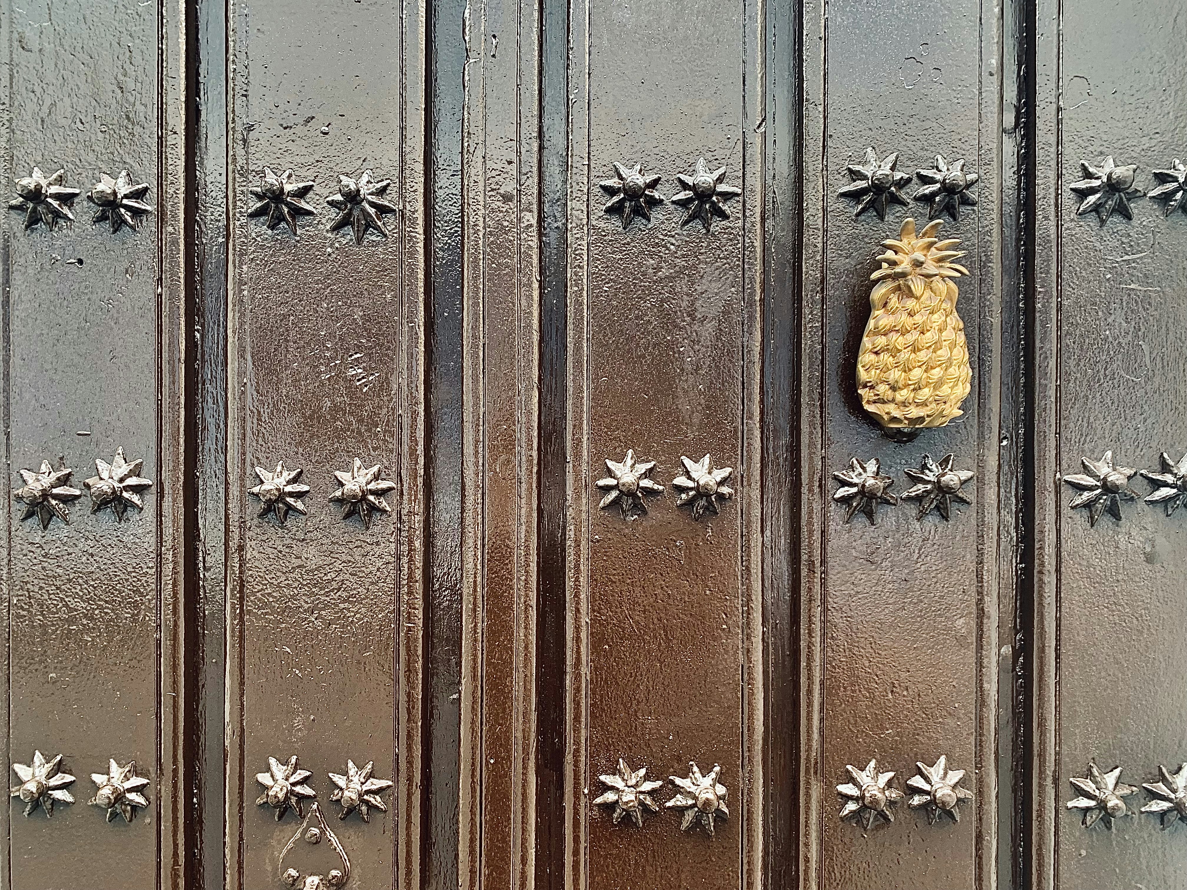 Historic door with metal embellishments