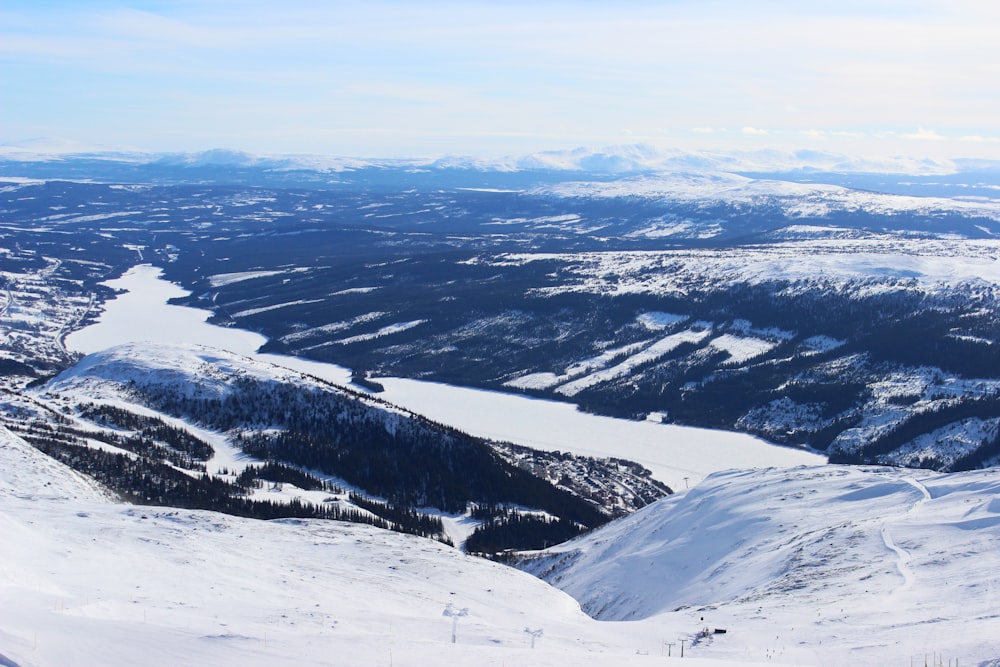 a view of a snowy mountain with a river running through it