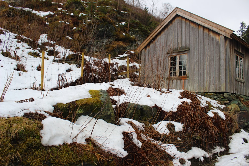 a small wooden building sitting on top of a snow covered hillside
