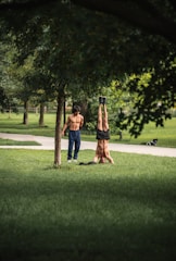 Two friends doing push-ups facing each other in a park.