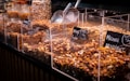 A variety of nuts and dried fruits are displayed in transparent containers at a market or store. Each section is labeled with its specific mix, and metal scoops are placed on the side for serving. The selection includes almonds, raisins, and other mixed nuts.