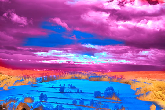 A hyperrealistic painting blending dreamlike landscapes with vivid colors and surreal elements.