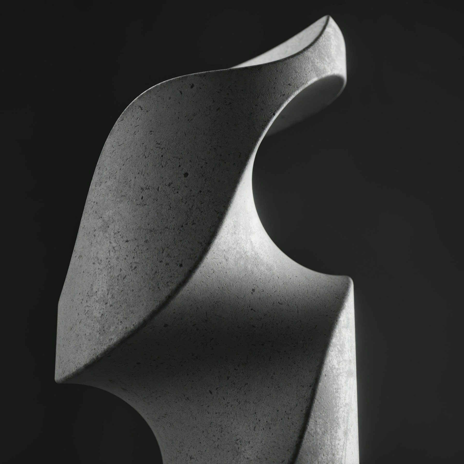 A large, portrait-style photo of a helix sculpture against a deep-charcoal matte background, softly illuminated to highlight its intricate curves and shadows.
