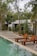 A serene outdoor scene featuring a rectangular swimming pool with light green water. Beside the pool, there are wooden lounge chairs placed on a concrete surface, along with steps leading up to a raised area that could potentially be a hot tub. The environment is surrounded by lush greenery and tall trees, with the presence of a modern, minimalist building in the background.