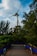 A large wind turbine stands prominently against a partly cloudy sky, surrounded by lush green trees. A wooden path bordered by fences and blue panels leads through the foliage, creating a harmonious blend of nature and technology.