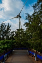 A large wind turbine stands prominently against a partly cloudy sky, surrounded by lush green trees. A wooden path bordered by fences and blue panels leads through the foliage, creating a harmonious blend of nature and technology.