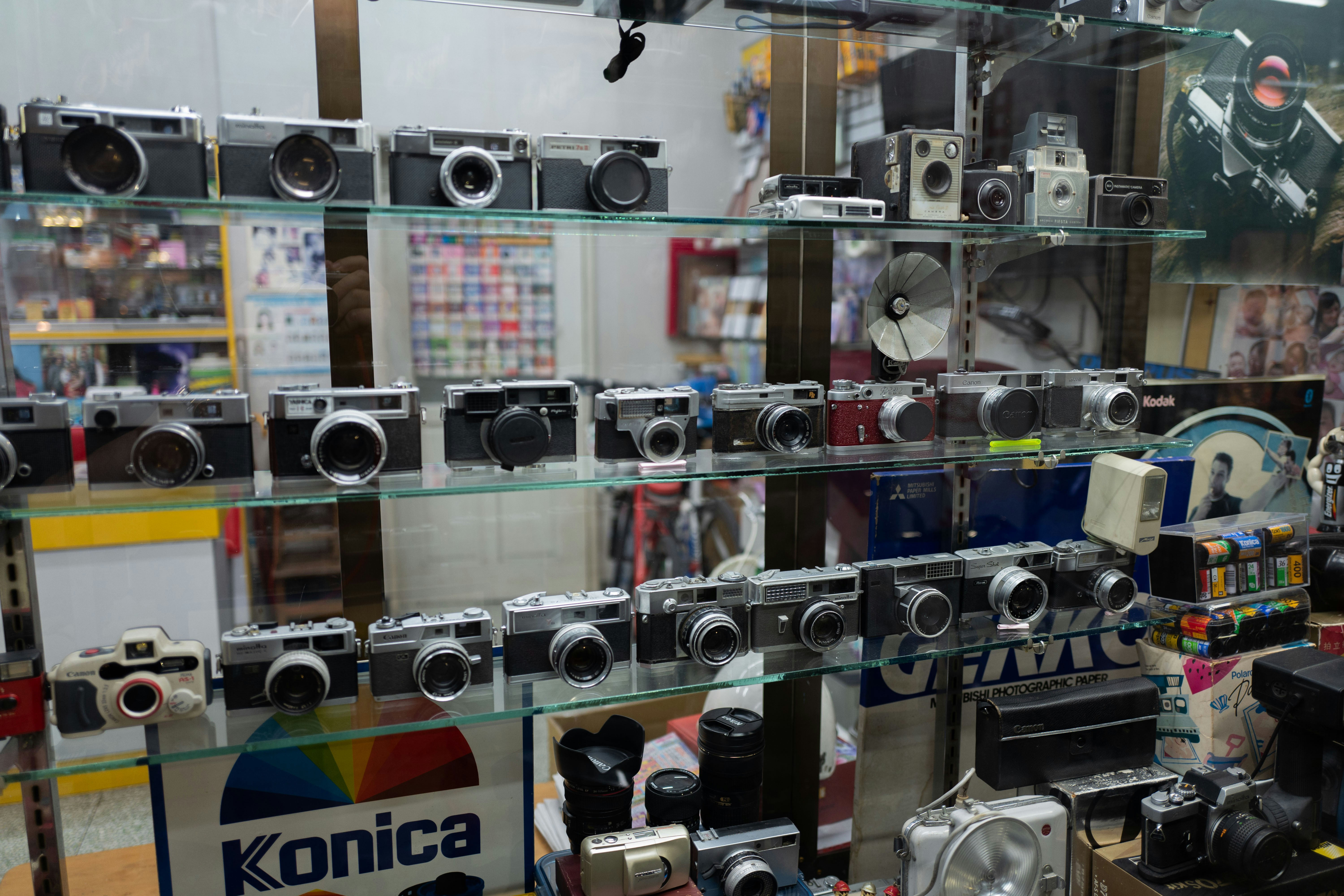 a bunch of cameras are on display in a store