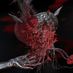 An intricate and surreal 3D rendering featuring a heart-like structure intertwined with wires and surrounded by abstract, organic forms. The metallic, horned surface gives a dark and futuristic vibe, while the rich red and black color scheme adds intensity. A metallic hand appears to cradle the main structure, amplifying the sense of an artificial, yet organic creation.