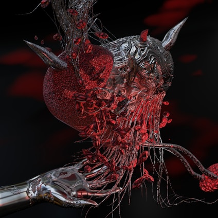 An intricate and surreal 3D rendering featuring a heart-like structure intertwined with wires and surrounded by abstract, organic forms. The metallic, horned surface gives a dark and futuristic vibe, while the rich red and black color scheme adds intensity. A metallic hand appears to cradle the main structure, amplifying the sense of an artificial, yet organic creation.